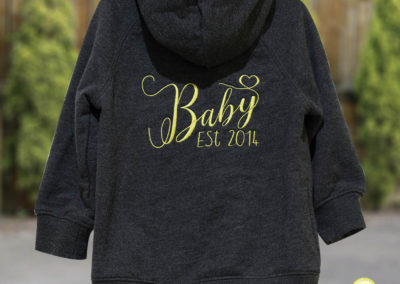 baby est 2014 embroidery hoodie sweatshirt yellow script font heart unique kids children gift