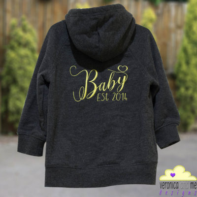 baby est 2014 embroidery hoodie sweatshirt yellow script font heart unique kids children gift