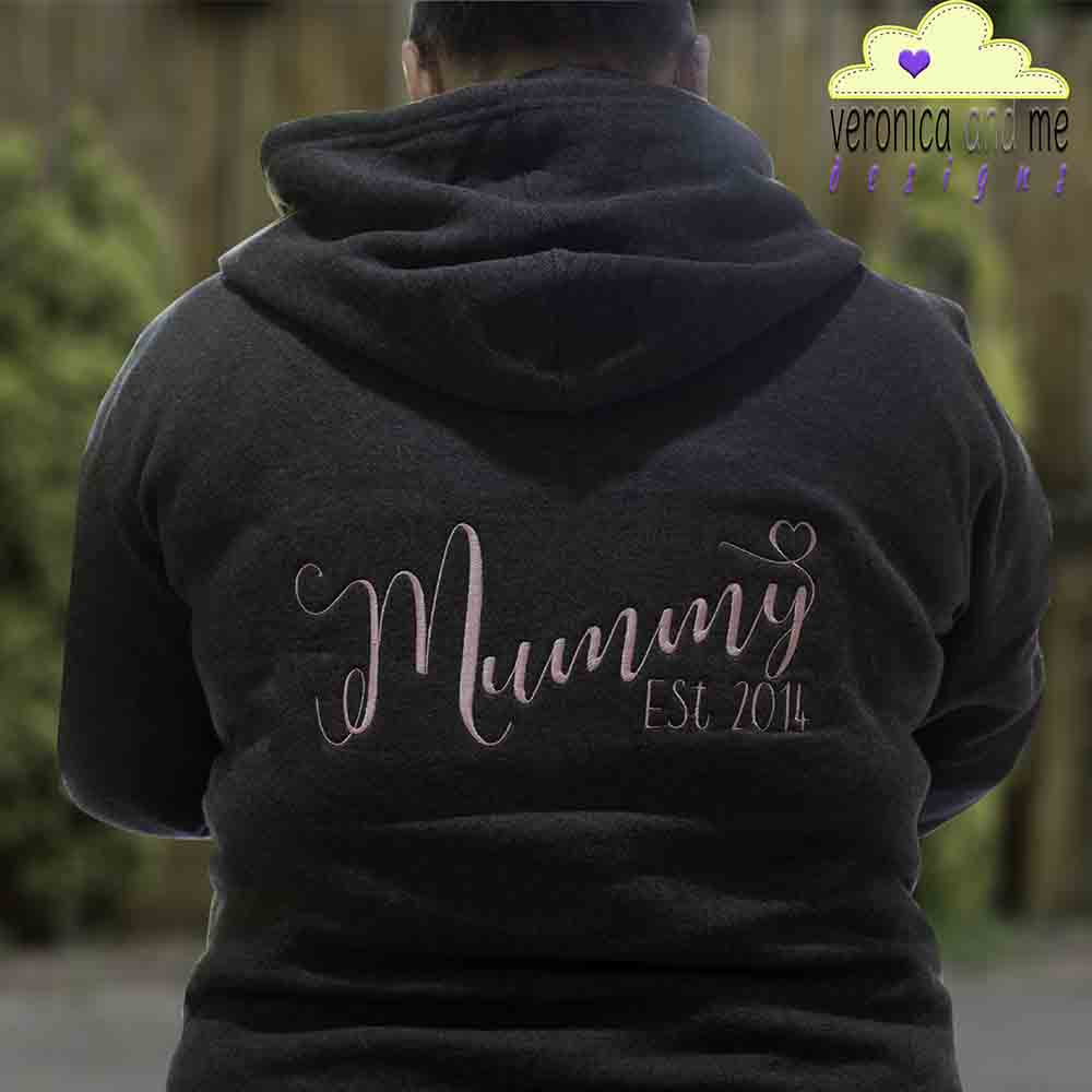 mummy est 2014 embroidery hoodie sweatshirt pink script font heart unique gift