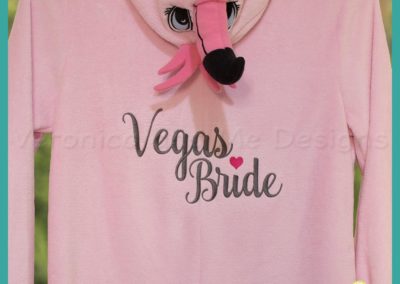 embroidered adult onesie flamingo pink vegas bride heart script font fun hens night outfit